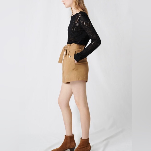 Maje Camel Cotton Canvas Belted Shorts - Picture 4 of 13